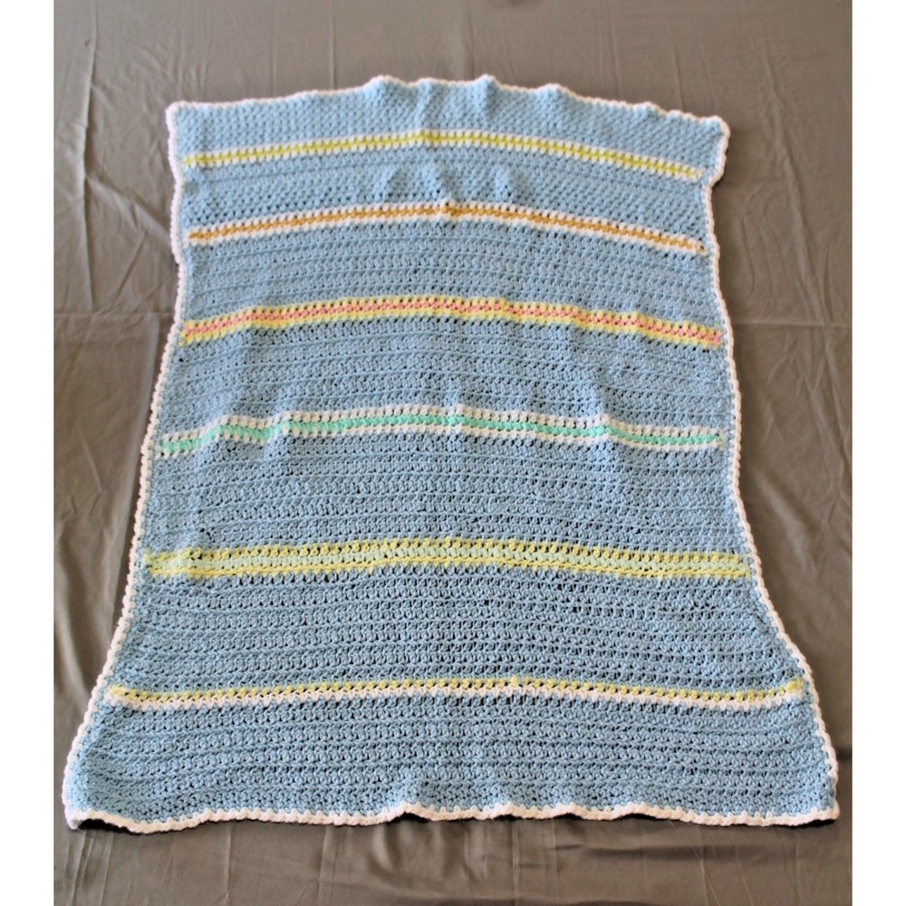 Vintage Handmade Baby Blanket Blue White Stripes Knit Crochet Unisex 42" x 26"
